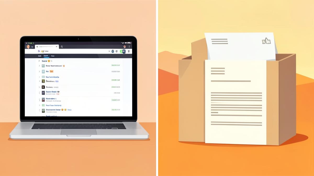 Split illustration comparing a laptop showing search results with a mailbox holding a printed mailer