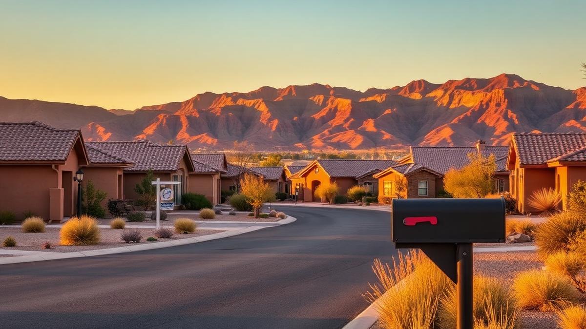 Residential street of desert-landscaped Peoria Arizona homes with mailboxes at sunset