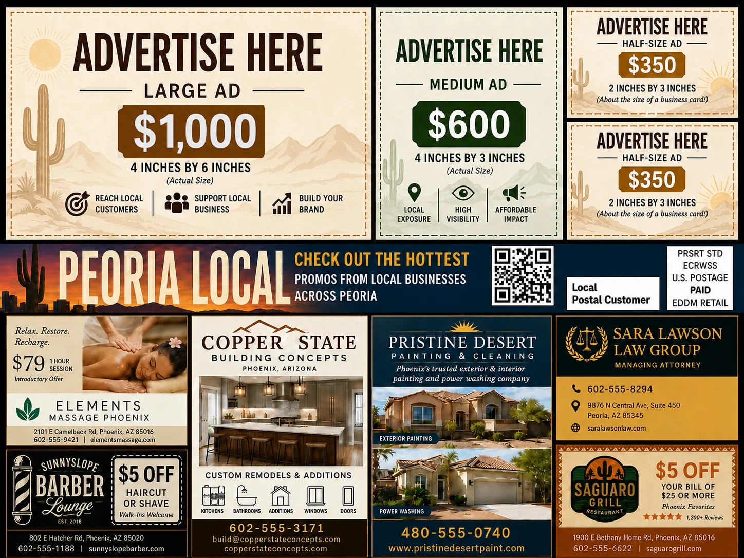 Peoria Community Spotlight 9x12 direct mail advertising guide showing local business ad slots
